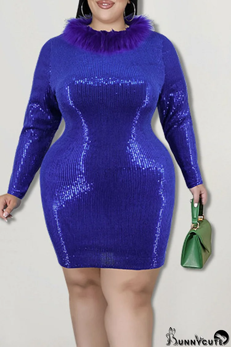 Blue Fashion Sexy Solid Sequins Patchwork Feathers O Neck One Step Skirt Plus Size Dresses