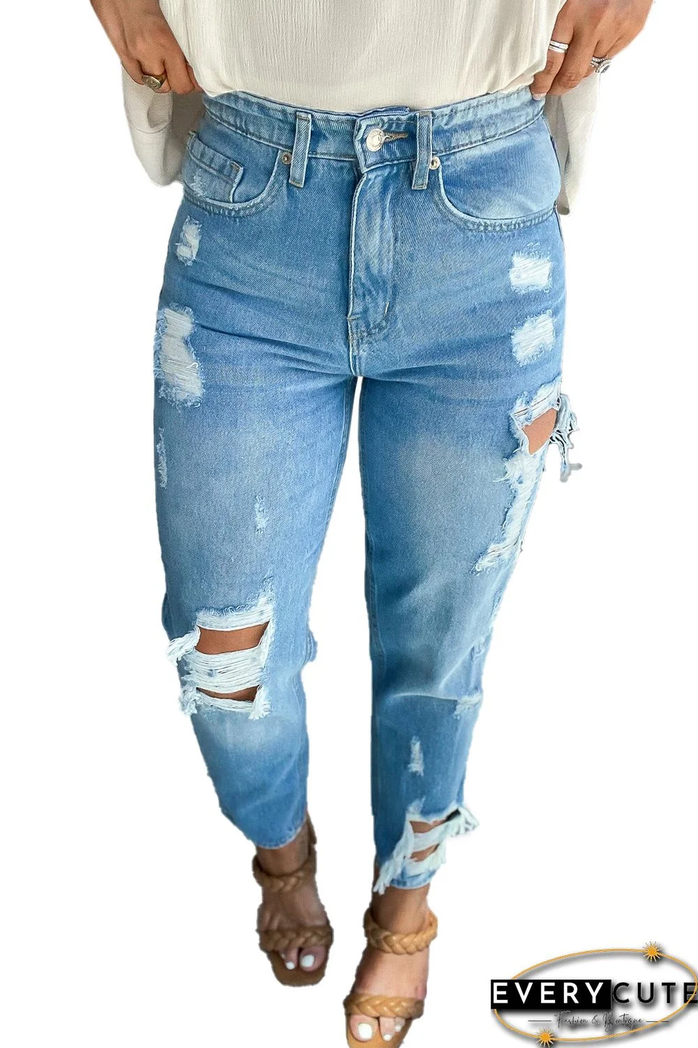 Blue Medium Wash Distressed Straight Jeans