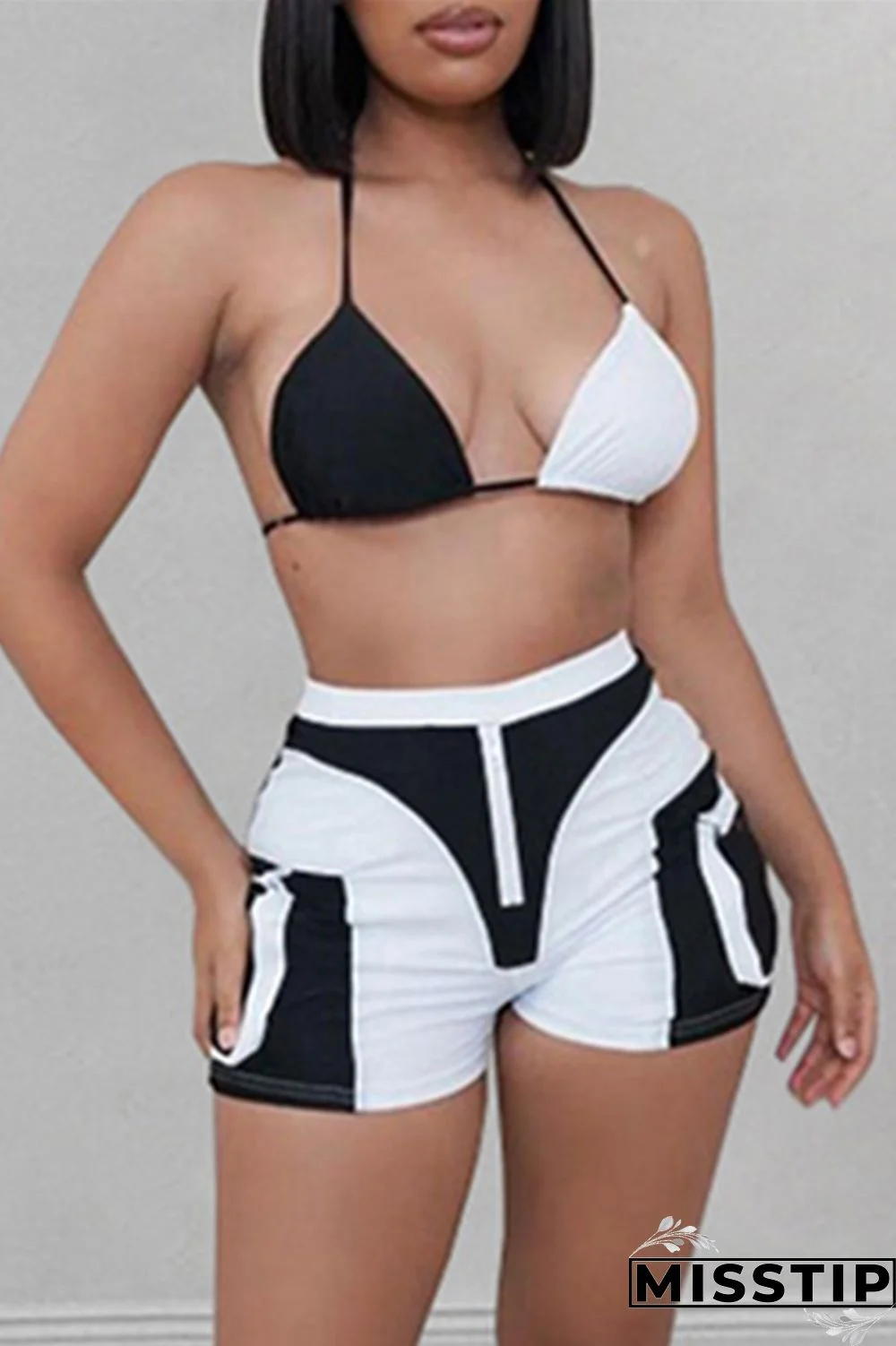 White Fashion Sexy Patchwork Backless Halter Sleeveless Two Pieces