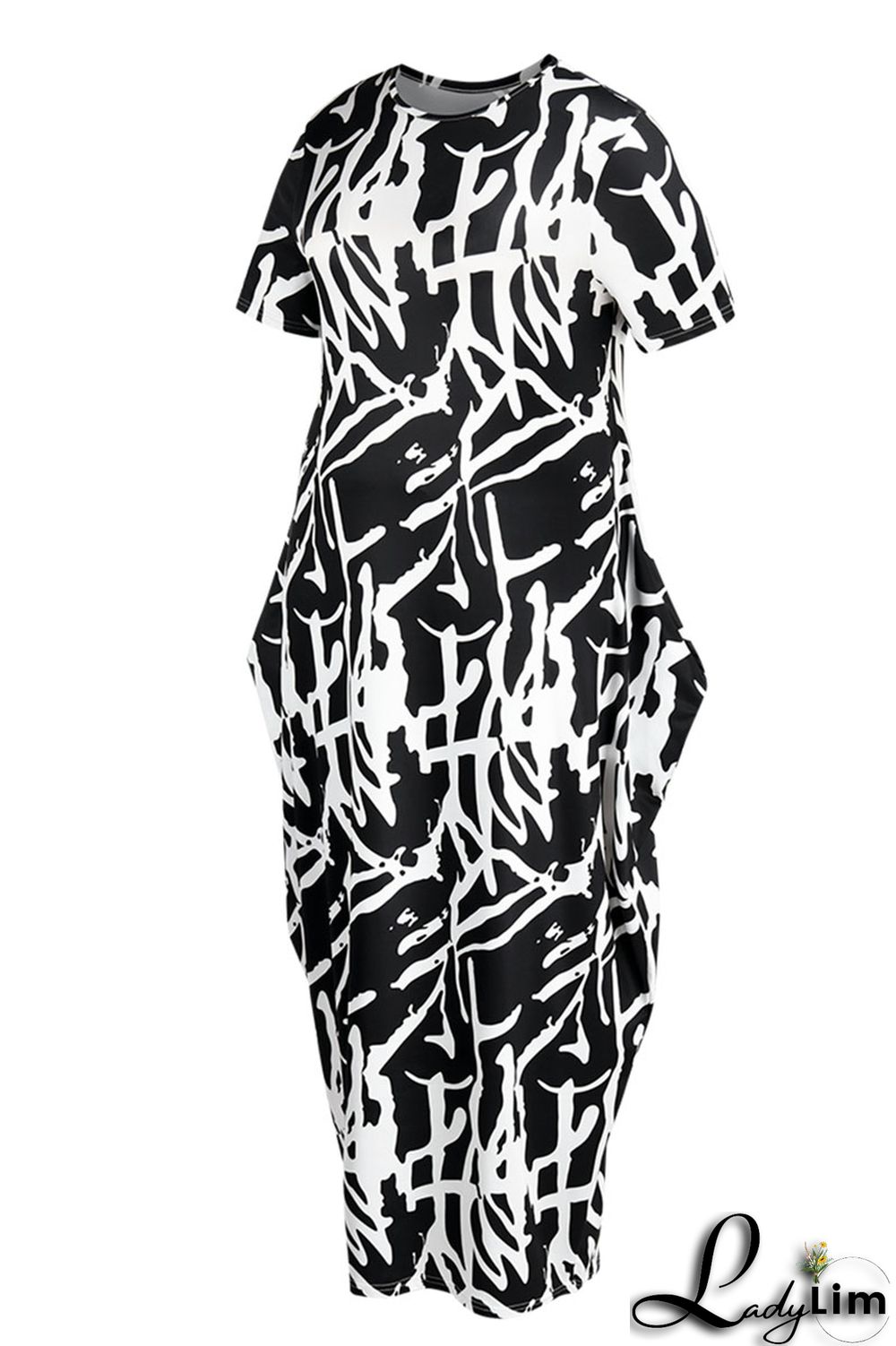 Black Fashion Casual Print Patchwork O Neck Long Dress Plus Size Dresses
