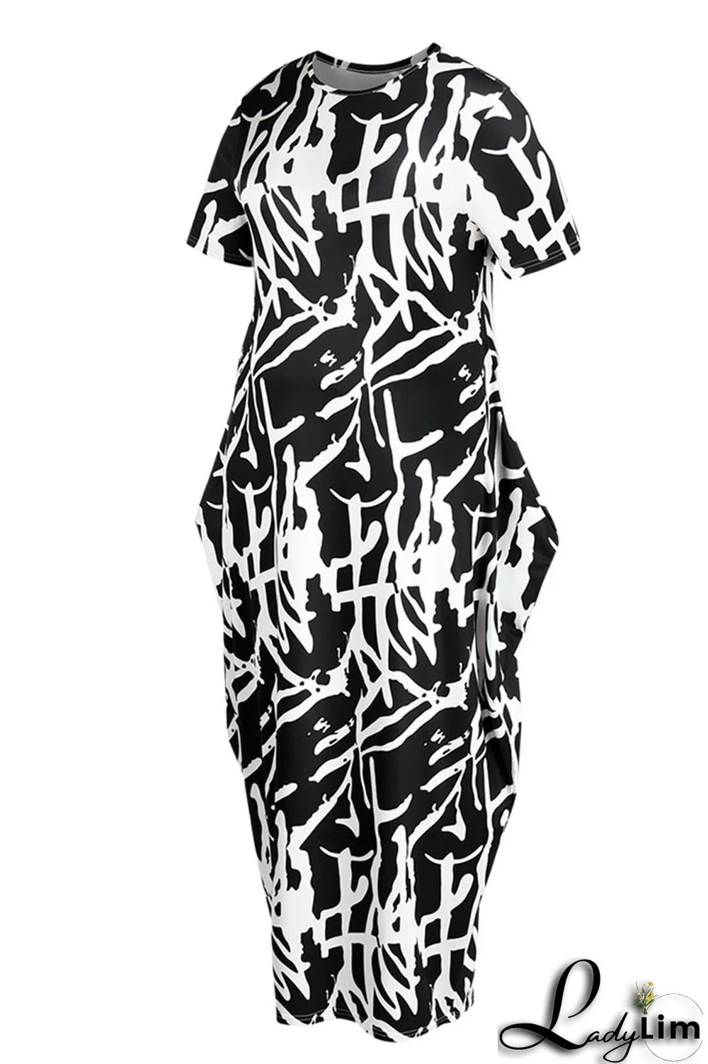 Black Fashion Casual Print Patchwork O Neck Long Dress Plus Size Dresses
