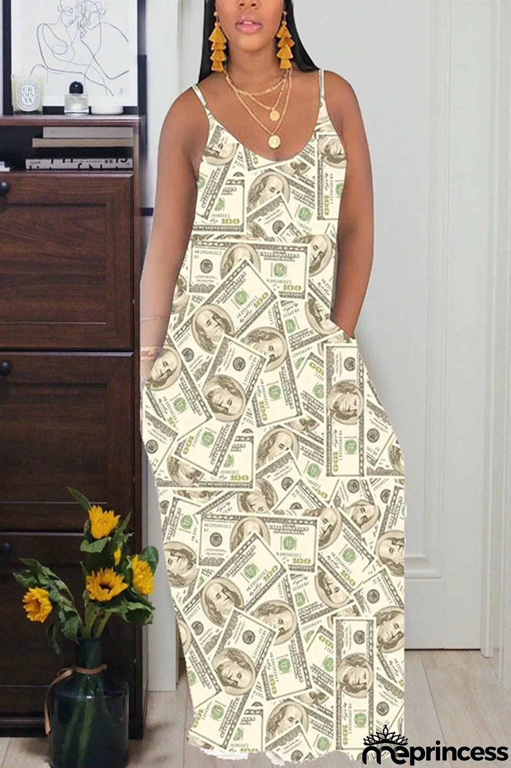 Yellow Cotton Fashion Casual Grey Green Yellow Spaghetti Strap Sleeveless Slip Swagger Floor-Length Print Dresses