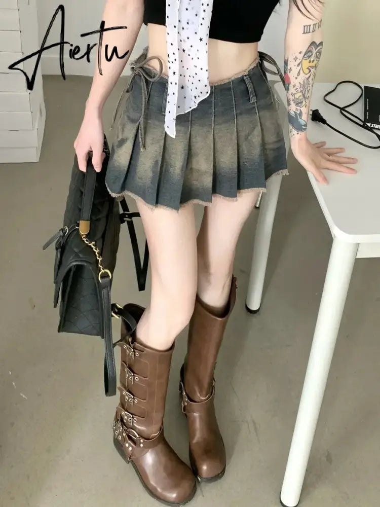 Y2k Hot Girl Irregular Denim Miniskirt Female Summer Harajuku Kawaii Mini Skirt New High Waist A Word Pleated Skirt Goth Skirt Aiertu