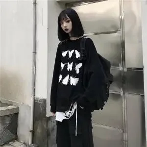 Harajuku Butterfely Tops Women Cartoon Long Sleeve T Shirts Streetwear Summer Japan Loose Casual Cute High Street Tshirt Women