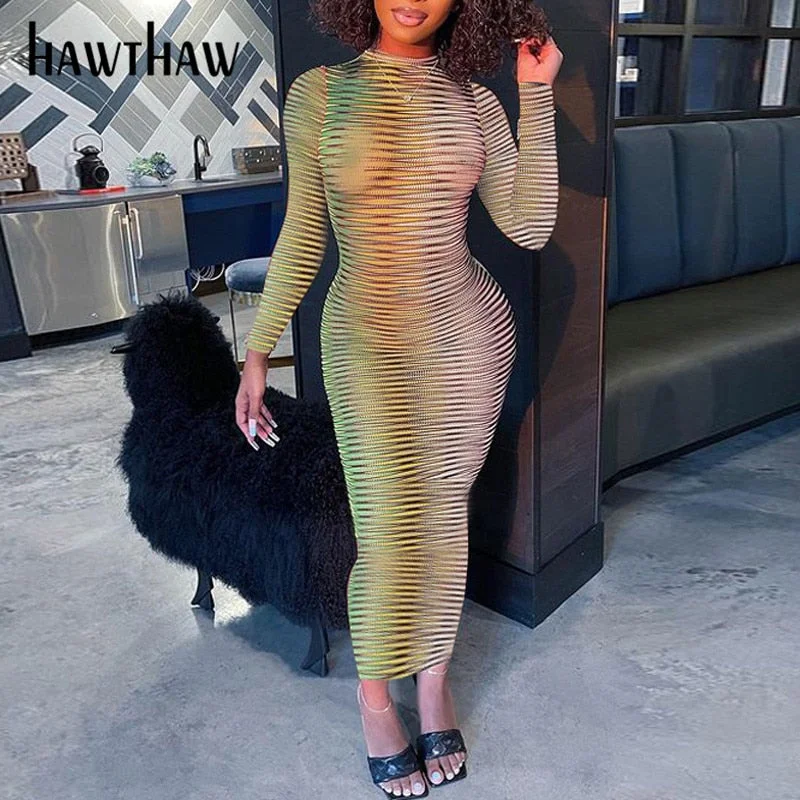 Hawthaw Women Fashion Autumn Long Sleeve Gradient See Through Bodycon Printed Green Long Dress 2021 Fall Clothes Wholesale Items