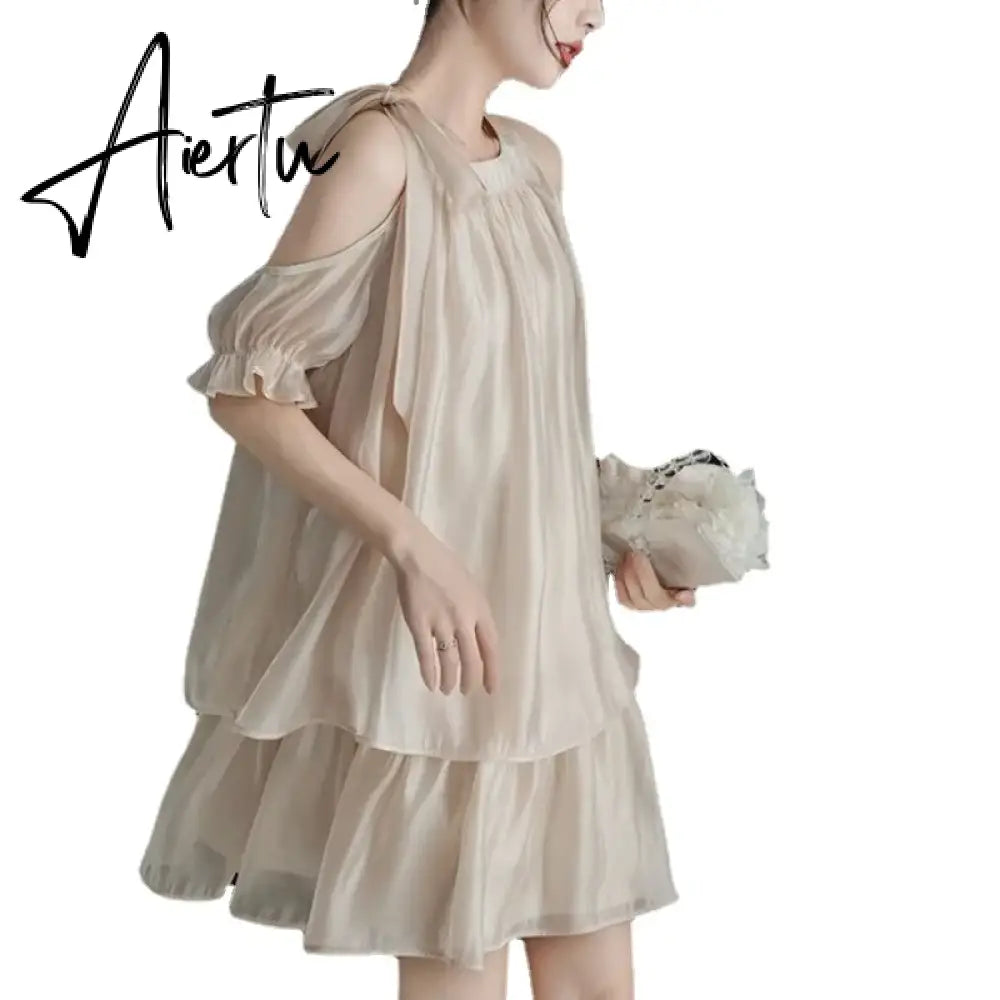 Aiertu Summer New Party Dress Women Elegant Luxury Korean Fashion Solid Ruffled Mini Evening Dress Casual Chiffon Loose Female Clothing Aiertu