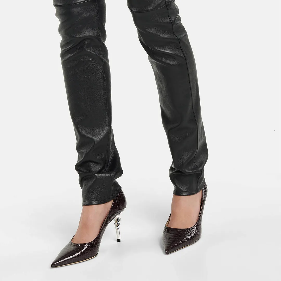 Black Python Embossed Pointed Toe Sculptural Heel Pumps Shoes