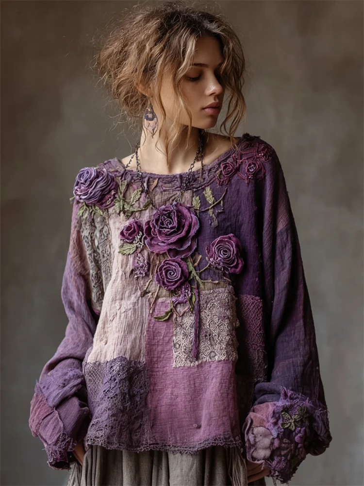 Vintage Purple Roses Boho Lace Patchwork Linen Tunic