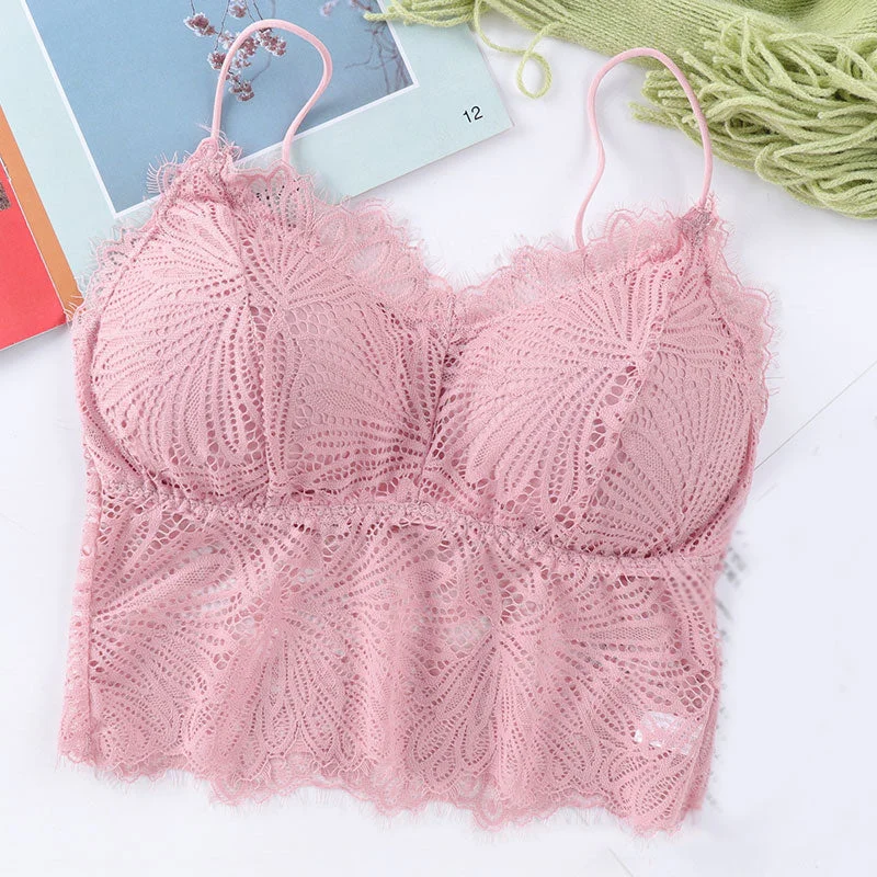 Female Summer Crop Tank Top Women Fashion Deep V Lace Bras Embroidery Floral Tank Top Bra Wrapped Chest Camisole Padded Bra