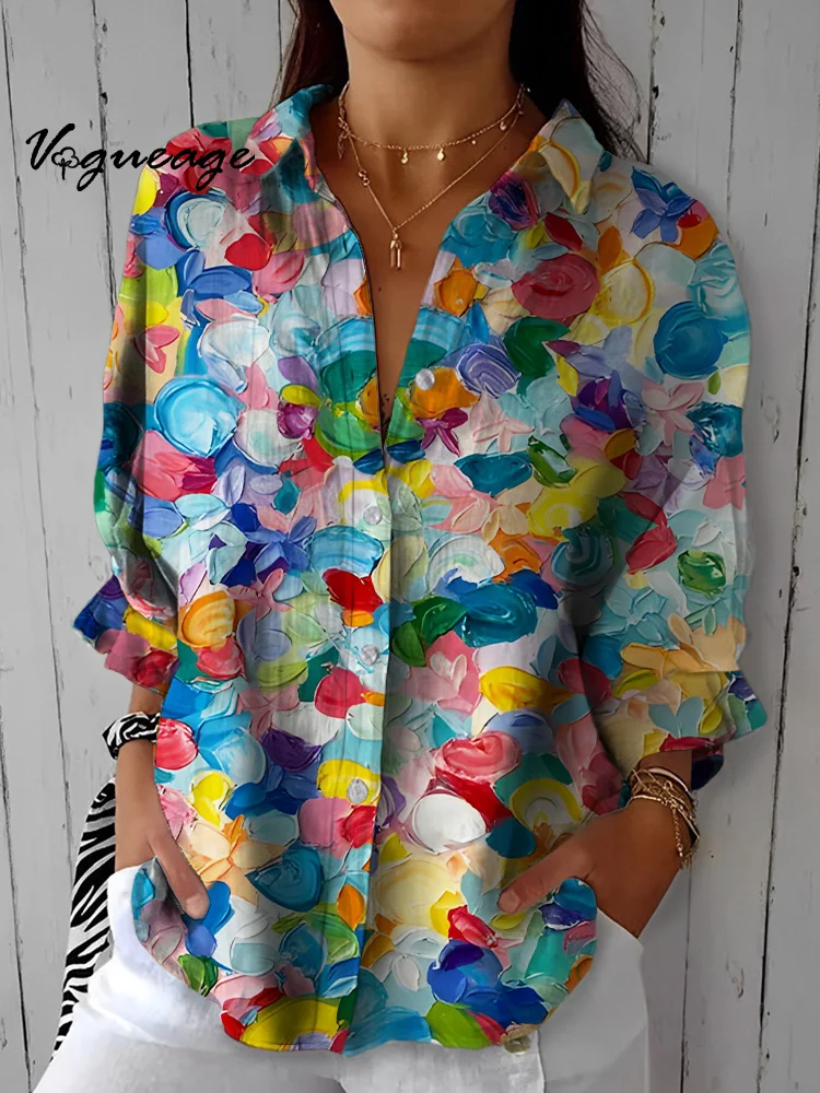 Bright And Colorful Oil Painting Spots Printed Cotton And Linen Shirt