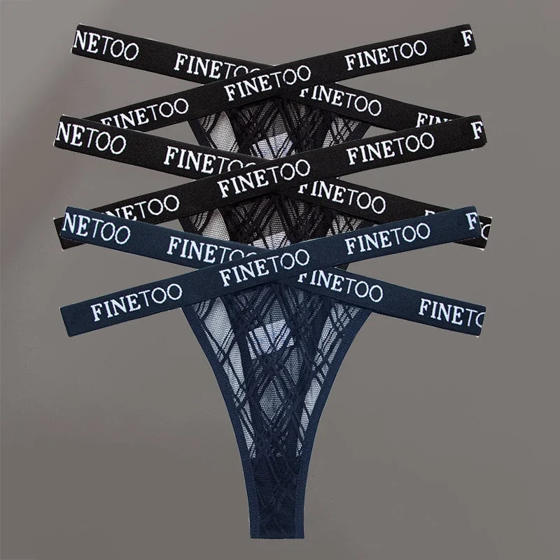 FINETOO 3PCS/Set Women's Letter Lace Mesh G-string Sexy Cross Strap Panties Midi Waist Underwear Thongs Femme Hollow Out Panties