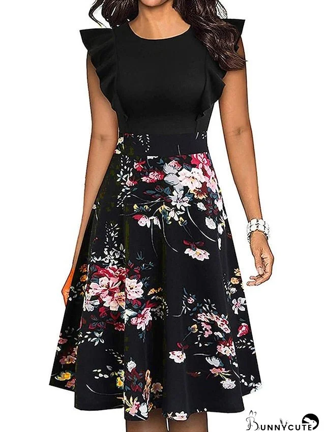 Work Dress Semi Formal Dress Fashion Midi Dress Ruffle Print Crew Neck Short Sleeve Floral Stripe Slim White Yellow Pink Summer Spring S M L XL XXL for Women