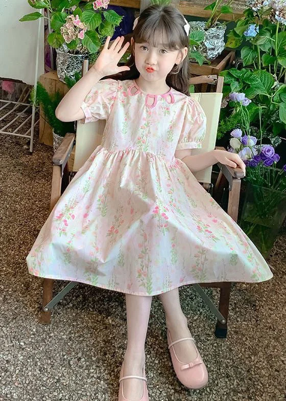 New Pink O Neck Print Patchwork Cotton Girls Dress Summer