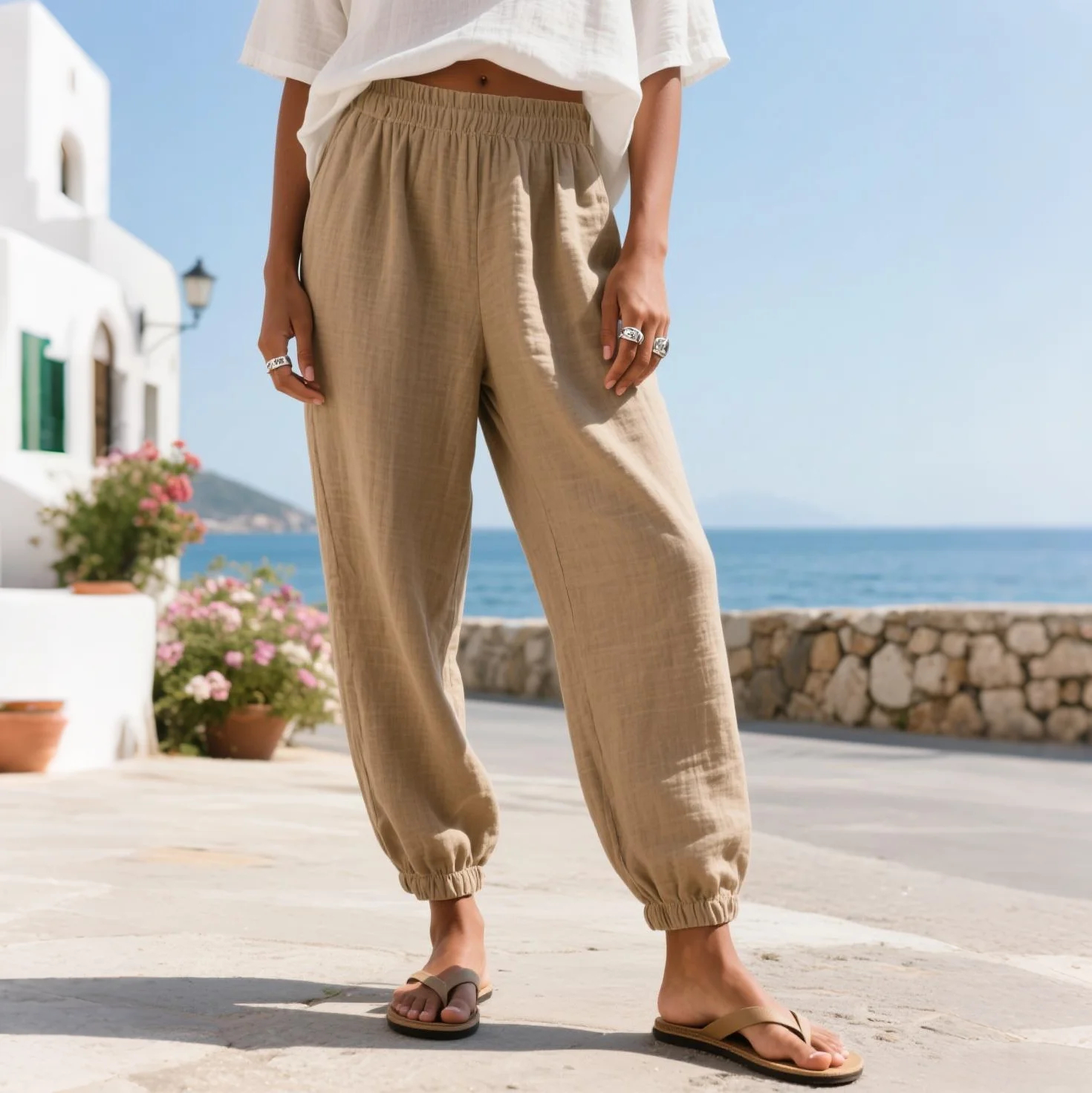 Women's Elegant Loose Comfortable Breathable Linen Elastic Waist Skinny Pants Trousers