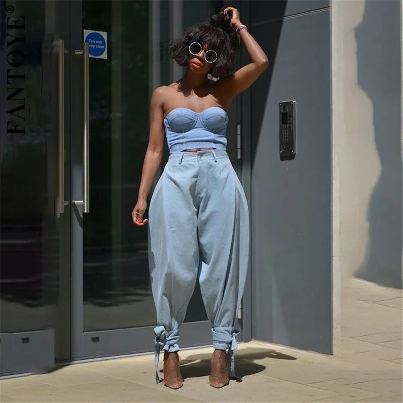 FANTOYE Women Casual Wide Leg Bandage Jeans Autumn Fashion High Waist Loose Trousers Light Blue Plus Size Pants Streetwear Hot 406-1