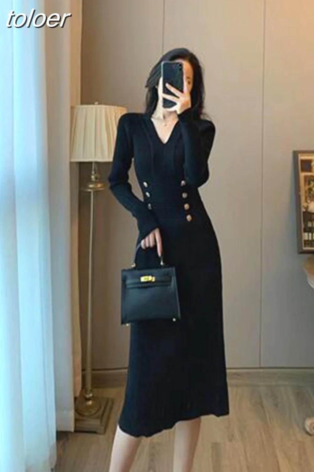 toloer Women Winter Sheath Elegant Midi Knitted Dress Sexy V-neck Long Sleeve Wool Blend Warm Design Knitting Clothing Winter 2023 New