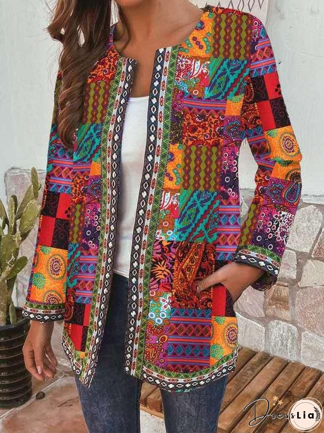 Jackets Retro Print Pocket Long Sleeve Cardigan Jacket for Women