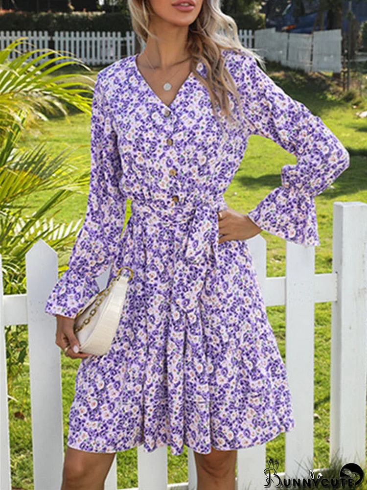 Women Long Sleeve V-neck Floral Printed Dress