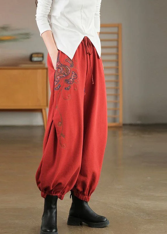 Beautiful Red Elastic Waist Embroideried Warm Fleece Beam Pants Winter