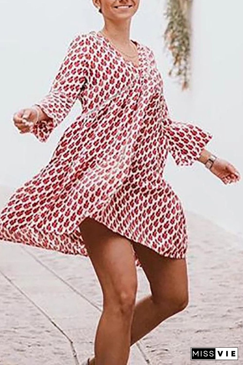V-Neck Flare Three Quarter Sleeve Dress