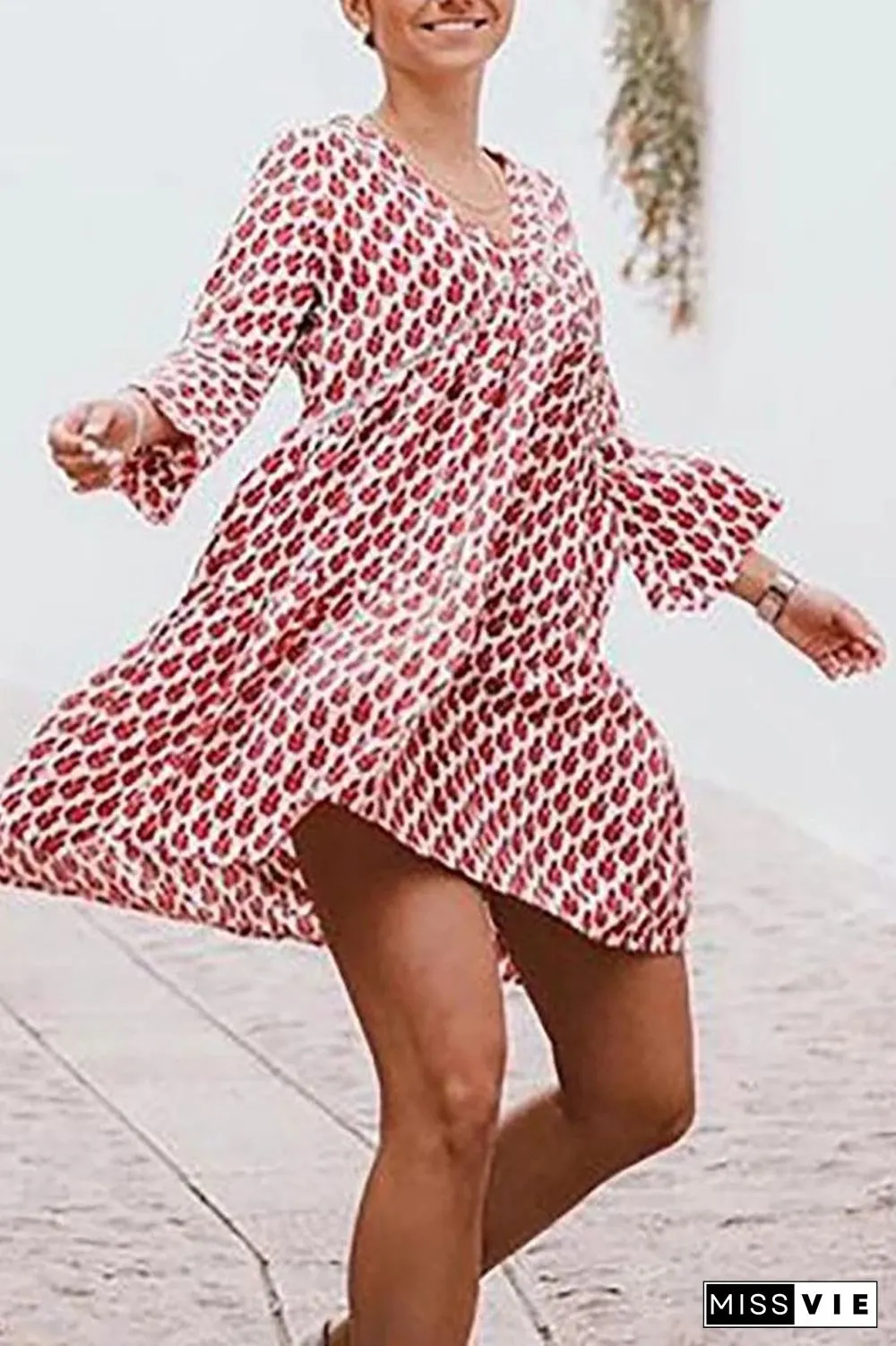 V-Neck Flare Three Quarter Sleeve Dress