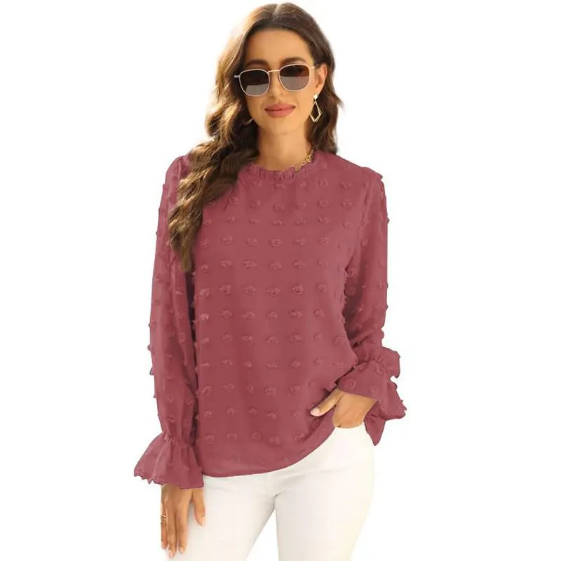 Women Solid Blouse Fashion Jacquard Stand Neck Long Sleeve Chic Office Work Tops Lady Plus Size Casual Elegant Chiffon Shirts