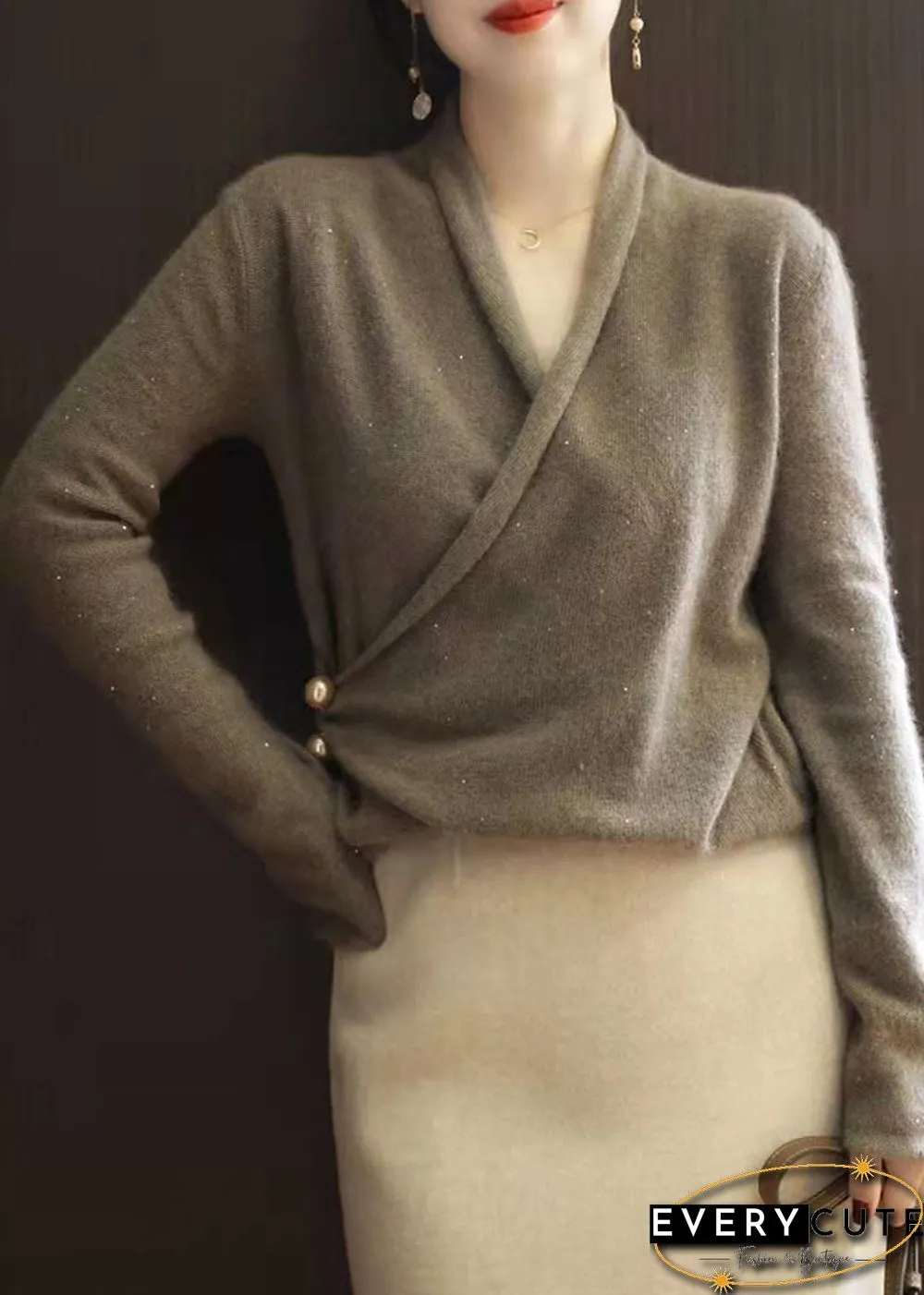Modern Chocolate V Neck thick Cashmere Knitted Sweater Tops Long Sleeve