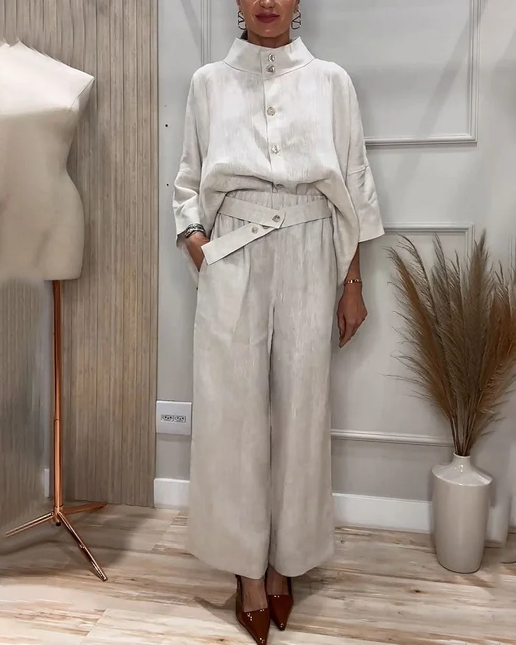 Stand Collar Design Casual Cotton and Linen Two-Piece Set