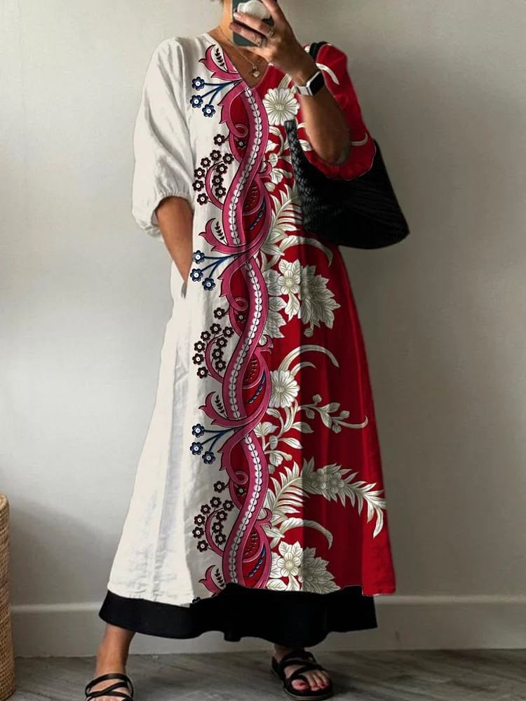 Women's Vintage Lovely Floral Art Print Pocket V-neck Cotton Dress