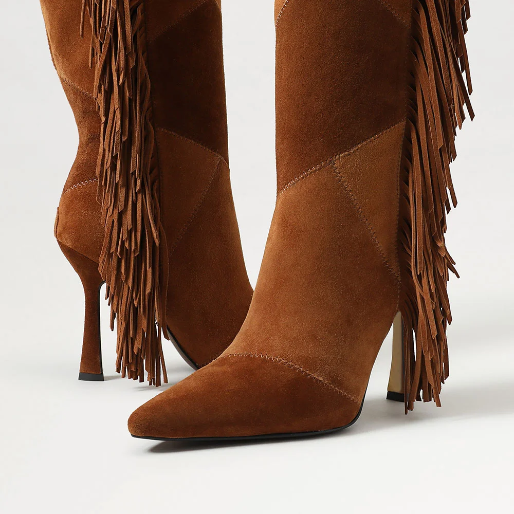 Brown Vegan Suede Patchwork Flared Heel Side Fringe Knee High Boots