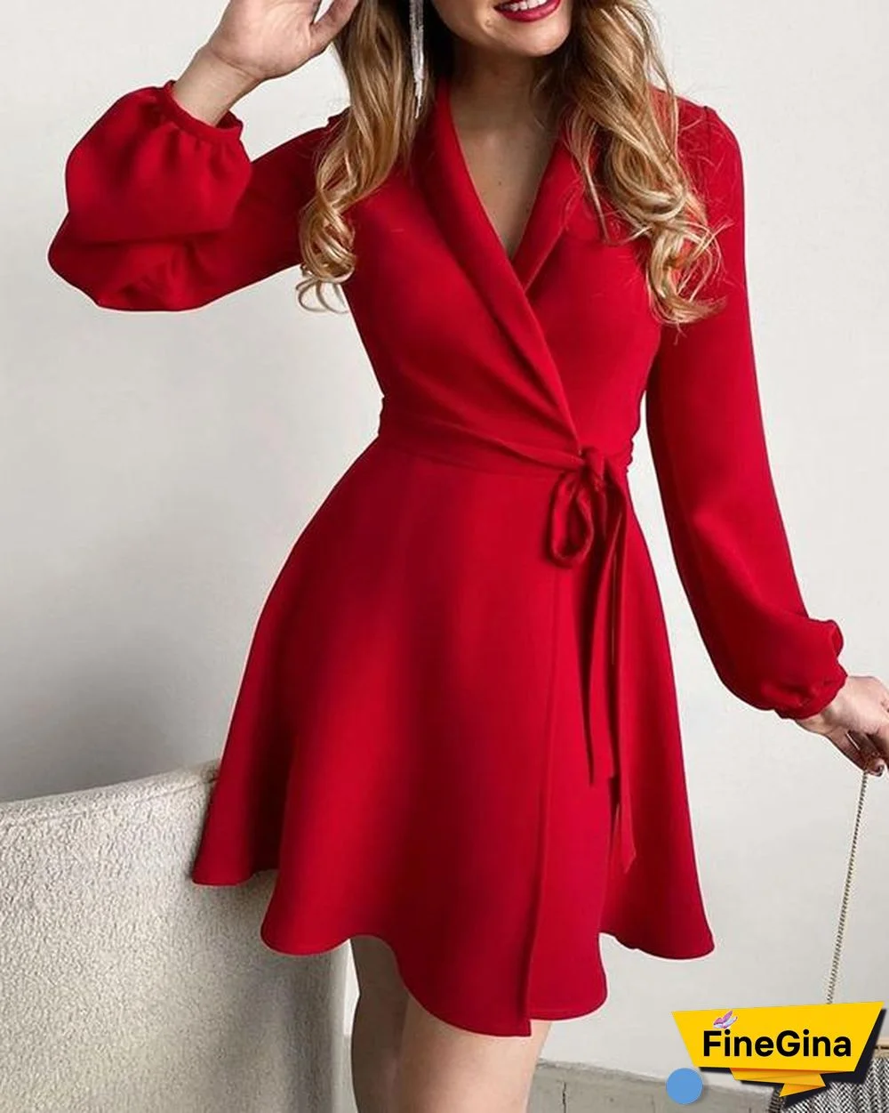 Plain Surplice Neck Long Sleeve Work Dress