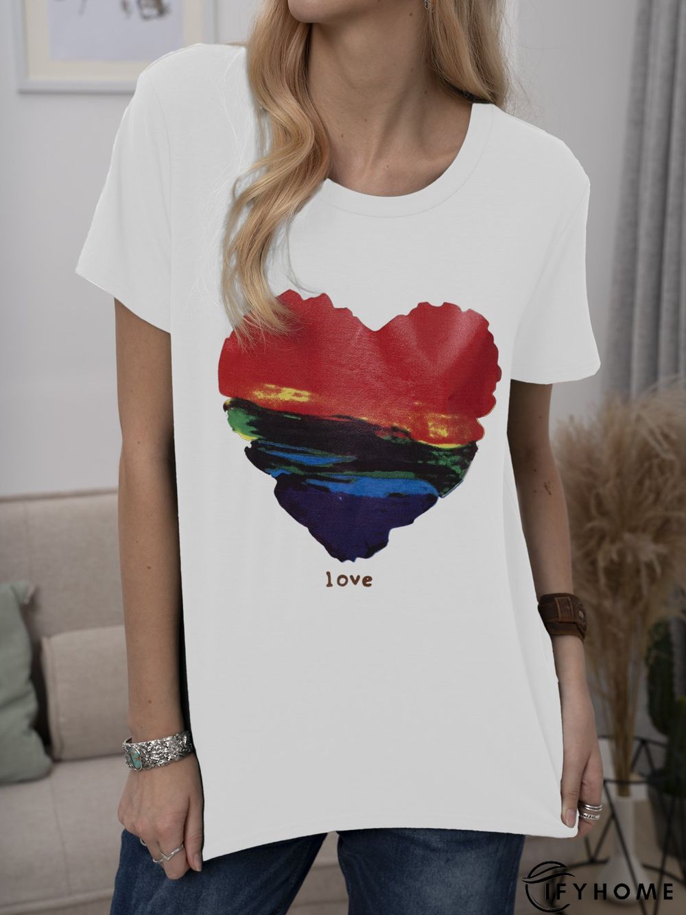 Plus Size Cotton-Blend Short Sleeve Geometric Casual T-shirt | IFYHOME