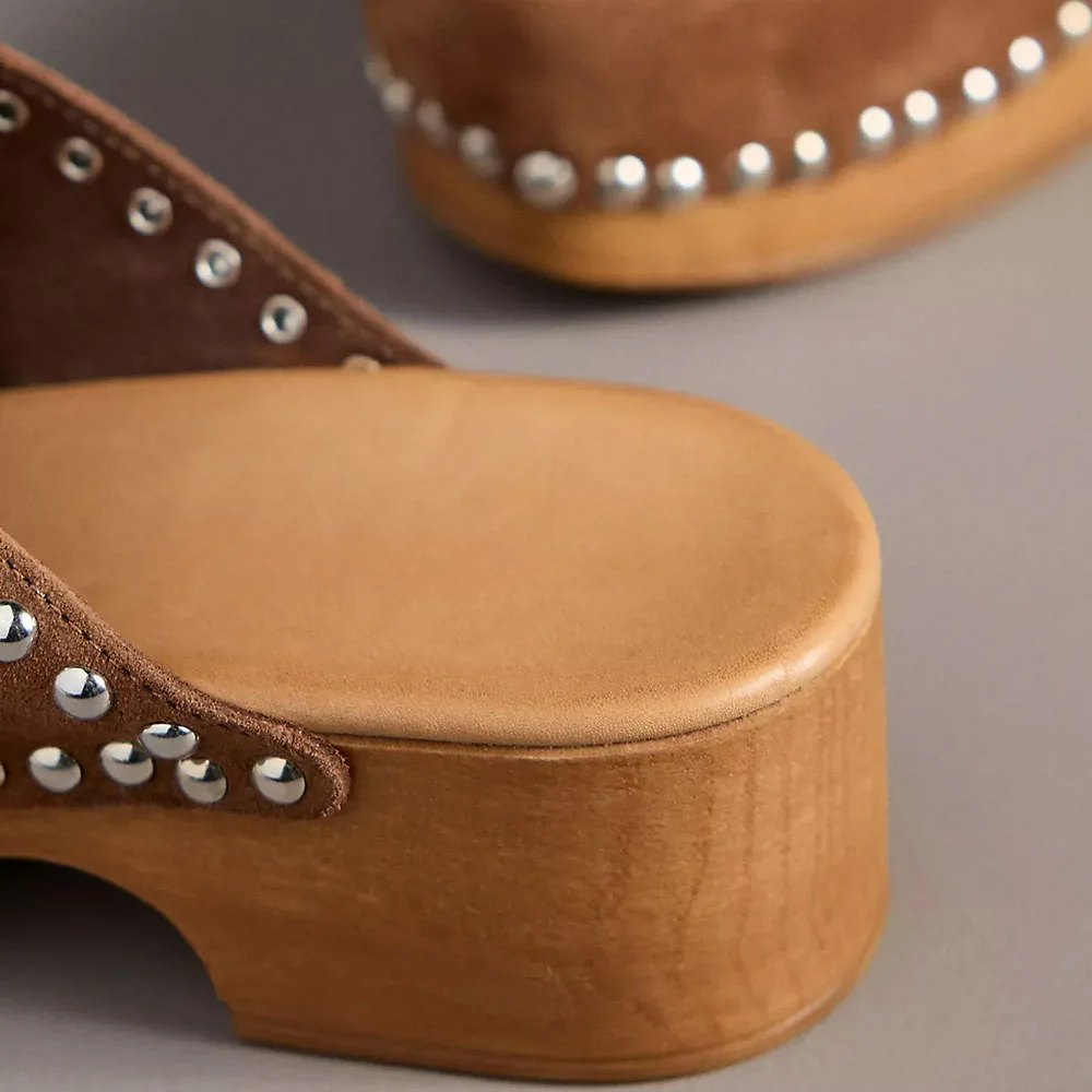 Brown Vegan Suede Round Toe Platform Heeled Mules with Studded