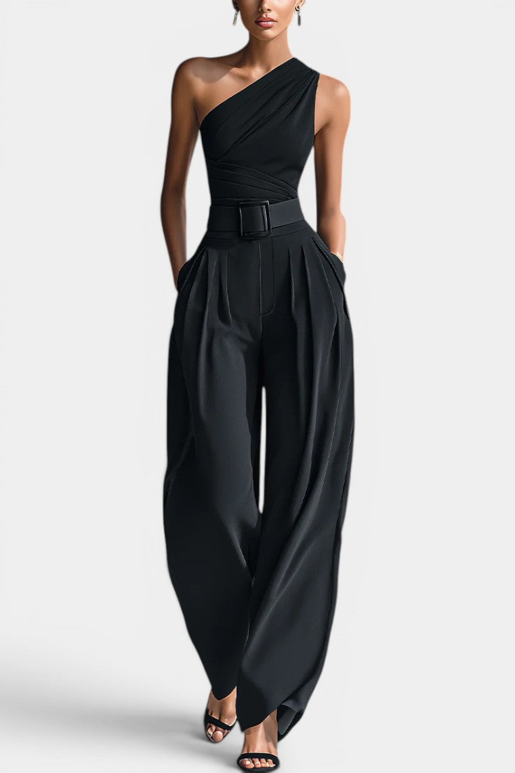 Asymmetric One-Shoulder Jumpsuit with Wide Leg and Belt