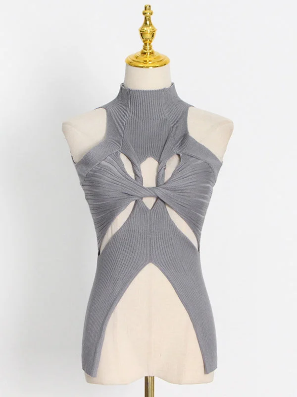 Stylish Irregularity Hollow Split-Joint Solid Color Knitting Vest Top