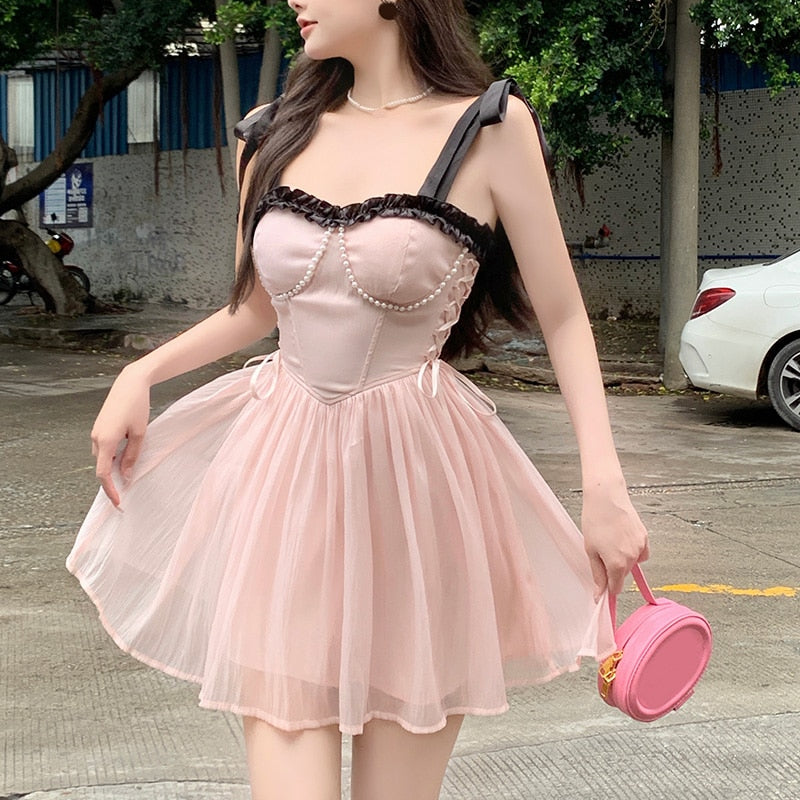 New Summer Dress French Style Princess Straps Dress High Waist Thin Pink Sweet Short Fairy Dress Female Sundress Bestidos LANFUBEISI