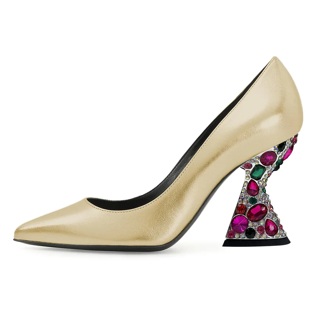 Dull Gold Vegan Leather Pointed Rhinestone Embellished Heels 