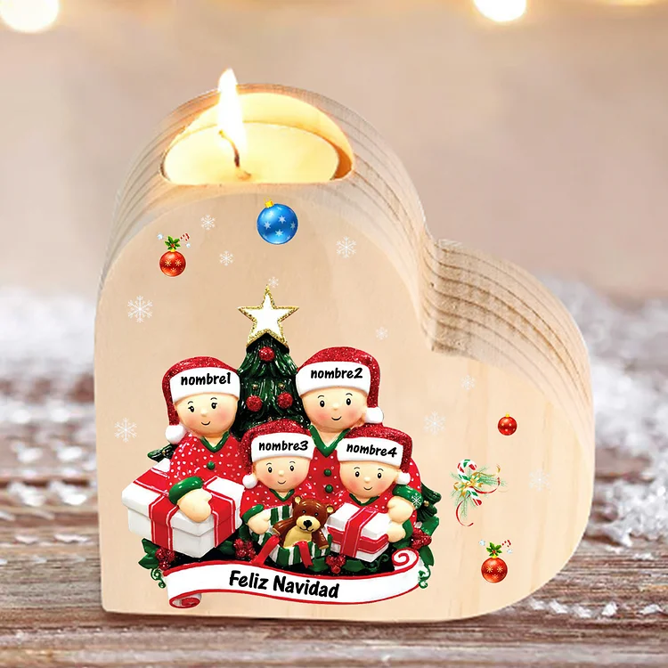 Navidad - Candelero de corazón de madera familia de 4 muñecos personalizado con 4 nombres y 1 texto sin vela