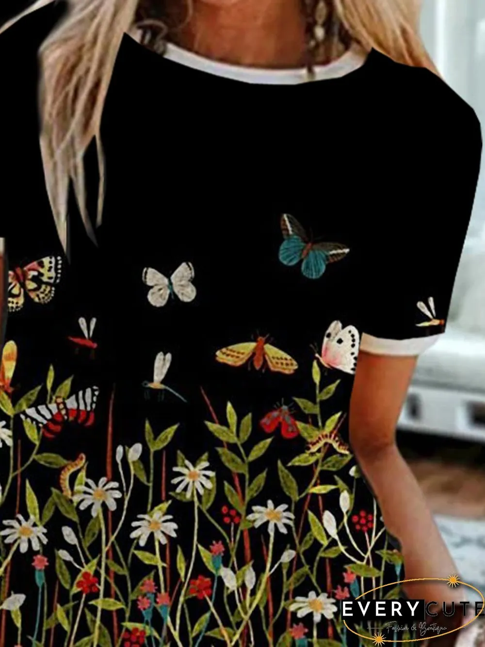 Floral Short Sleeve Printed Cotton-blend Crew Neck Casual Summer Black Top