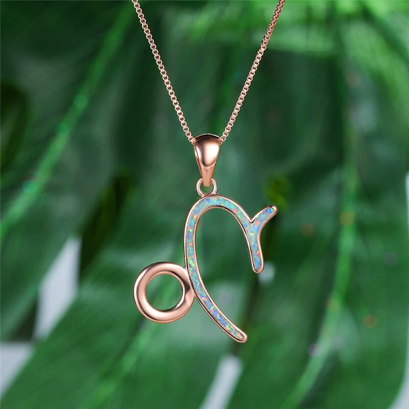 Unique Female Capricorn Pendant Necklace Rose Gold Silver Color Chain Necklaces For Women Dainty Opal Stone Wedding Necklace
