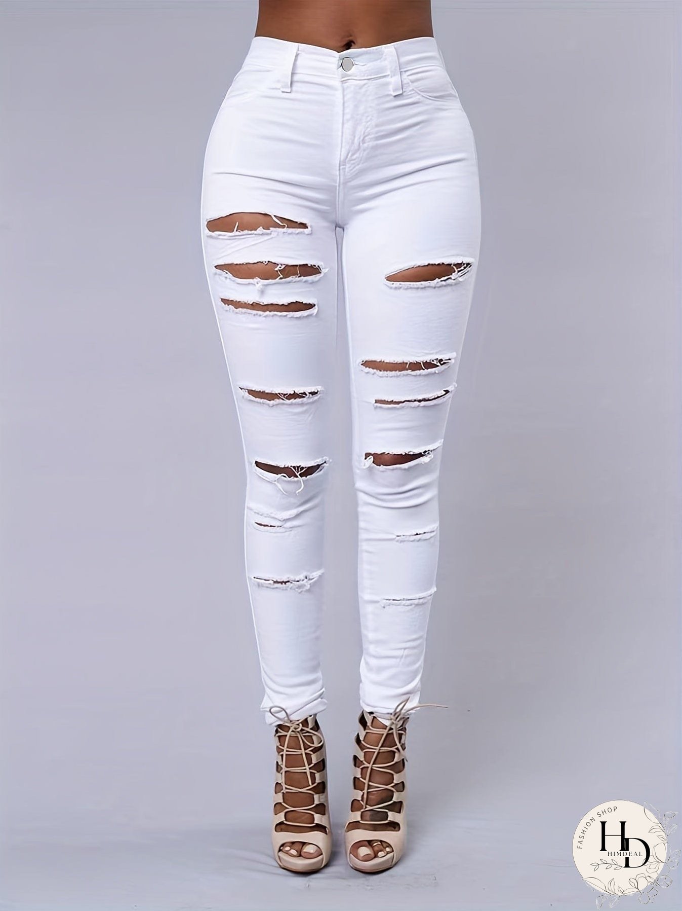 White Denim Jeans with Multiple Rips