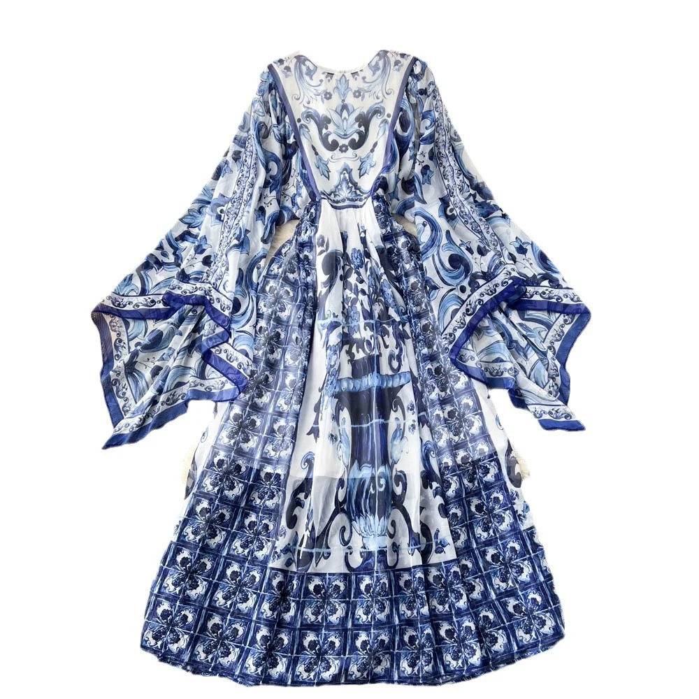 Nigikala Nigikala Autumn Dress New 2023 Small Design Style Holiday Style Retro Print Sleeve Chiffon Long Dress