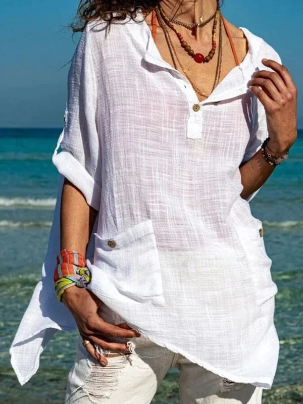 Ladies Cotton Linen Solid Color Long Sleeve Pocket Irregular Hem Shirt