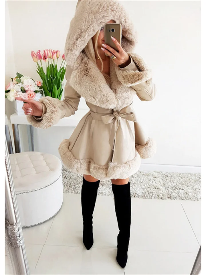 Solid Color Lapel Fur Splicing Jacket Women's Winter Warm Ruffled Lace-up Hooded Jacket Waisted Leather Coat Coat