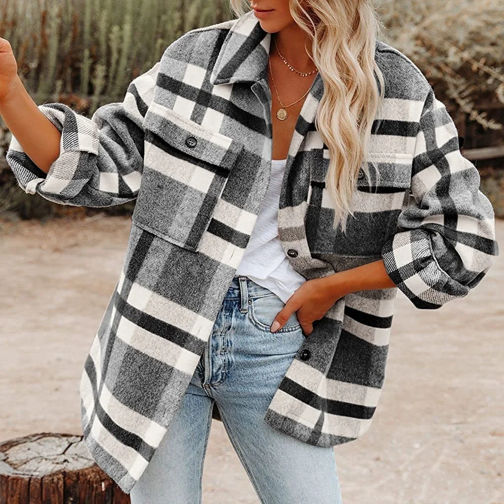 Women's Jacket Plaid Flannel Long Sleeve Button Down Coat