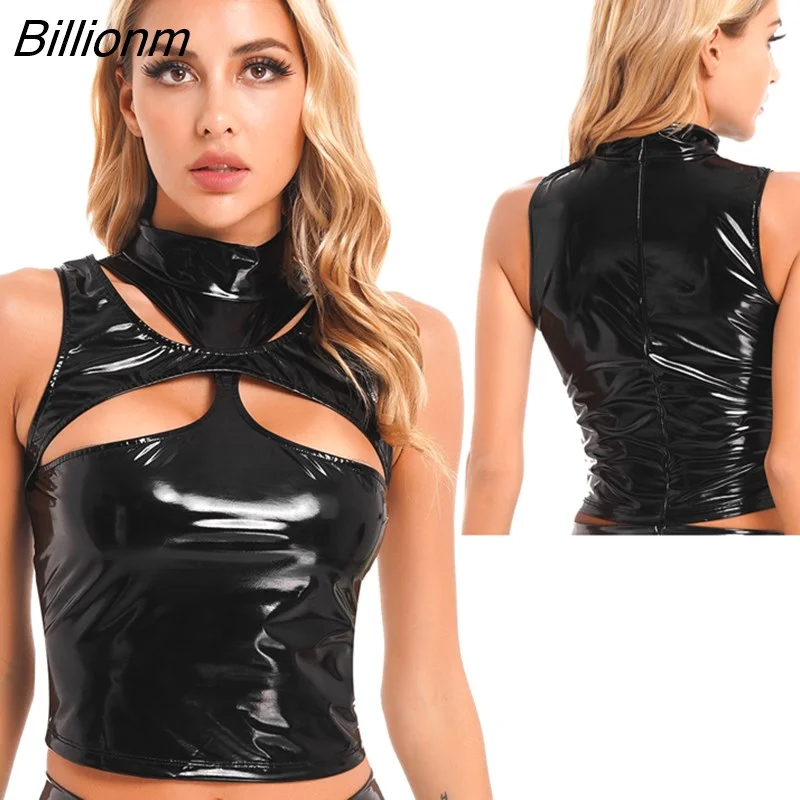 Billionm Womens Patent Leather Mock Neck T-shirt Cutout Sleeveless Vest Top Wet Look Party Clubwear Pole Dance Costume Rave Clothing