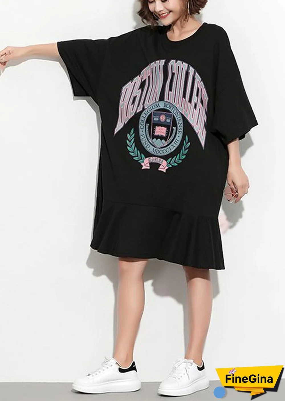 Beautiful black print linen Tunics Vintage Shape o neck short spring Dress