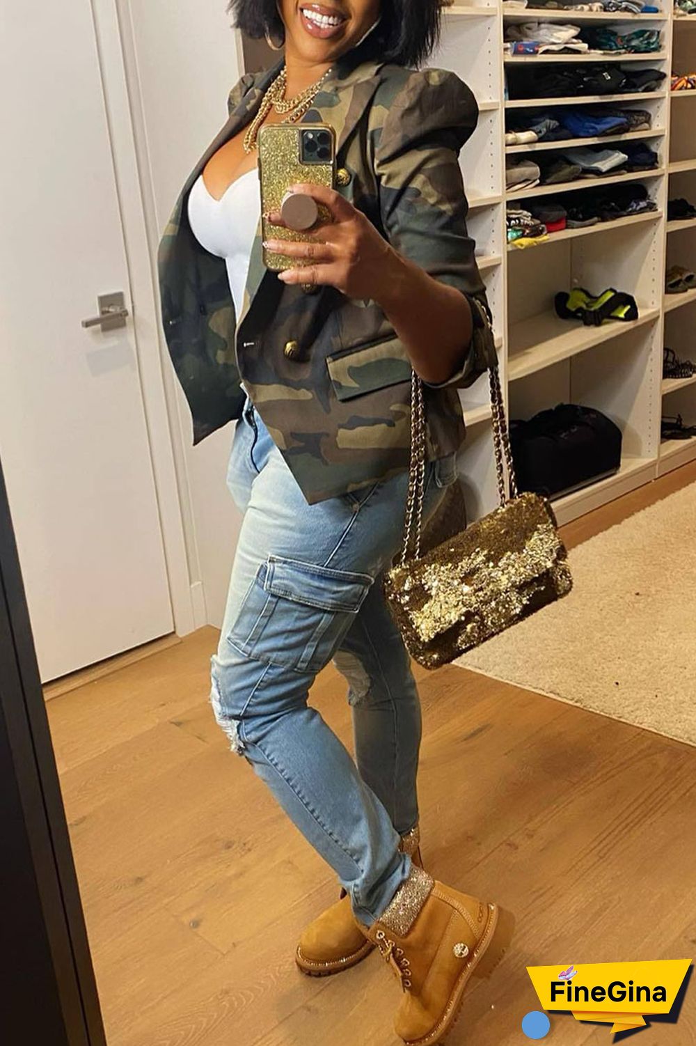 White Casual Print Patchwork Buttons Turn-back Collar Outerwear