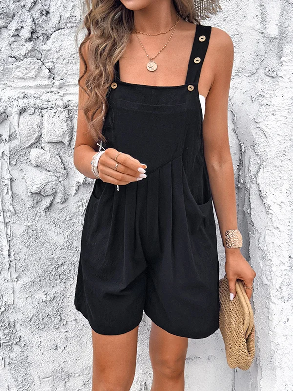 Loose Sleeveless Buttoned Pleated Pockets Split-Joint Square-Neck Overalls
