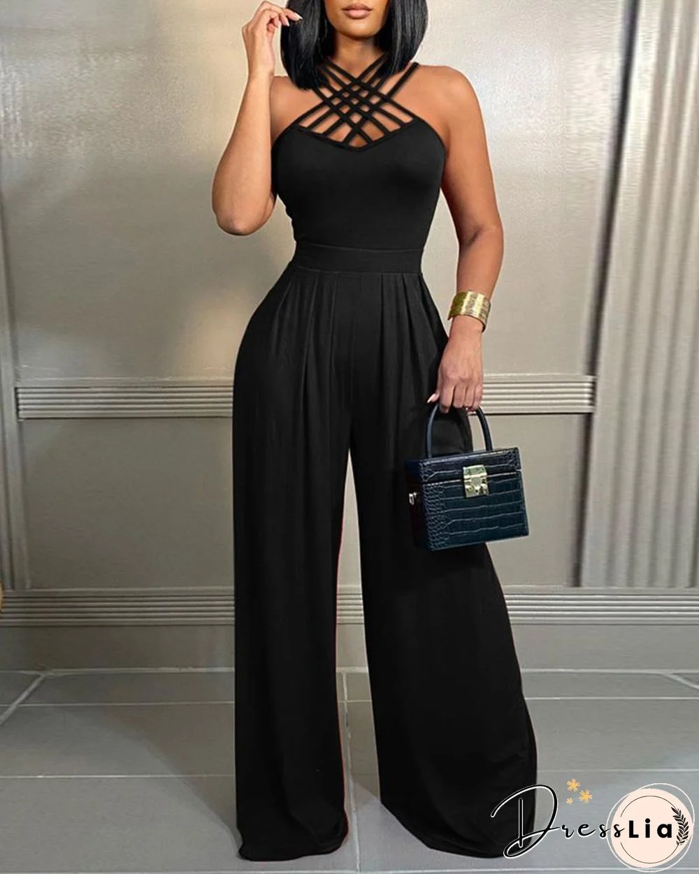 Sexy Solid Color Cross Halter Wide Leg Jumpsuits